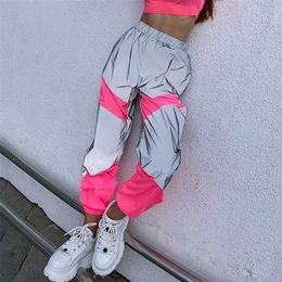 OMSJ Autumn Winter Loose Hight Waist Flash Reflective Patchwork Jogger Pants Women Neon Streetwear Outfits Cargo Trousers 211115