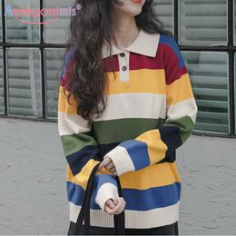 Aelegantmis Autumn Winter Rainbow Striped Women Knitted Sweater Female Loose Pullover Sweaters Ladies Casual Knit Jumpers 210607