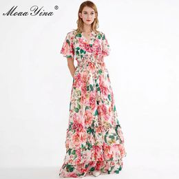 Spring Summer Women Dress V-neck Flare Sleeve Floral-Print Elasticated waist Cascading Ruffle Vacation Maxi Dresses 210524