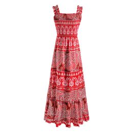 Red Bohemian Sling Strap Backless Print Chiffon Midi Dress Summer Beach Holiday A-line D2271 210514