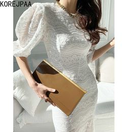 Korejpaa Women Dress Korea Summer Fashion Elegant Light Cooked Wind Round Neck Lace Slim-fit Pocket Sleeve Ladies Dress 210526