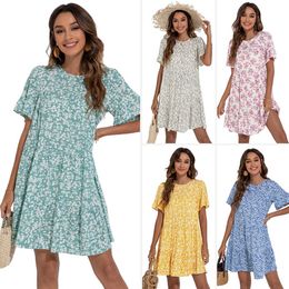 Woman Dress O-neck Floral Butterfly Sleeve Loose Summer Dress for Women Casual Print Short Sleeve Beach Dresses for Women Summer 210712
