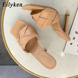 Eilyken Summer New Design Weave Square Toe Heels High Quality PU Leather Slippers Gladiator Beach Womens Sandal Slides Shoes Y0427
