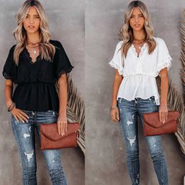 Plus-Size Women T-Shirt Sexy Solid Color Black White Lace Patchwork Deep V-Neck Flared Sleeve Blouse Clothes Shirt Tops 210527