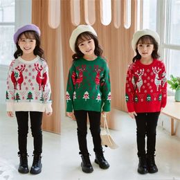 Children Christmas Sweater Outfits Girl Fall Winter Cartoon Deer Long Sleeve Round Neck Pullover Knitted Tops 3-8 Years 211201