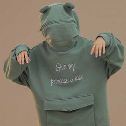 NiceMix Women Autumn Thick Loose Sweatshirt Harajuku Letters Printed Lovely Frog Casual Hooded Hoodies Pullover Female Thicken C 210805