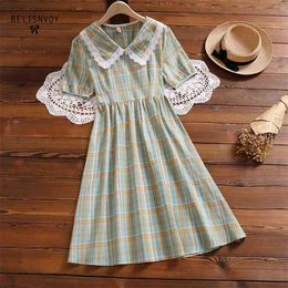 Summer Japanese Mori Girl Dress Square Collar Contrast Color Plaid Vestidos Mujer Short Sleeve Elegant Cotton Dresses 210520