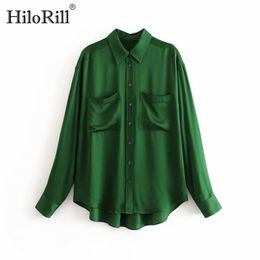 Women Satin Blouse Casual Solid Shirt Soft Turn Down Collar Office Long Sleeve Pocket Green Top Blusa 210508