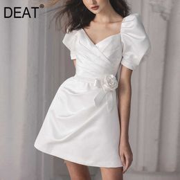 [DEAT] White Women V-neck High Waist Short Sleeve Solid Colour Temperament Elegant Dress Summer Fashion 13D149 210527