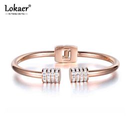 Lokaer New Design Mosaic Rhinestone Cuff Bangles & Bracelets Jewellery Rose Gold Stainless Steel Wedding Bangles for Women B17053 Q0717