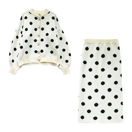 Women Knit Black White Puff Long Sleeve Cardigan Mid Calf Pencil Midi Skirt Polka Dot Two Pieces Set Elegant T0120 210514
