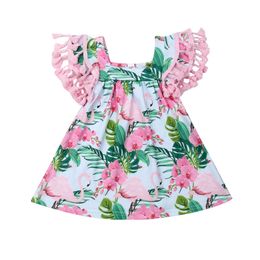 2019 Newborn Baby Dresses for Girls Toddler Clothes Summer Tassel Short Sleeve Flower Flamingo Girls Dress Baby Girls Clothes Q0716