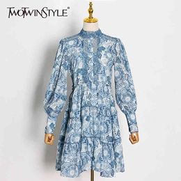 TWOTWINSTYLE Print Hollow Out Dress For Female Stand Collar Lantern Sleeve High Waist Elegant Mini Dresses Female Fashion 210517