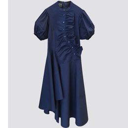 Summer French Fashion Large Size Deep Blue Light Irregular Solid Color Dress Women Puff Sleeve 16W1050 210510