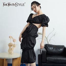 Asymmetrical Hollow Out Summer Dress Female Irregular Collar Puff Sleeve High Waist Black Dresses Fashion 210520