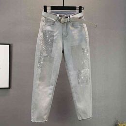 Denim Pants Jeans Good Quality Woman Autumn Women's Fashion Bling Rhinestone Female Haroun pants Trousers A3739 210428