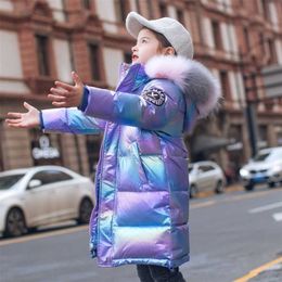 Jaqueta de inverno para meninas casaco à prova d'água brilhante com capuz crianças agasalhos roupas 5-14 anos adolescentes crianças parka snowsuit 211025