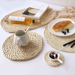 Home Mat Natural Straw Design Table Insulation Pad Round Placemats Dining Table Mats Kitchen Accessories Cup Coaster CX220117