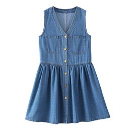 PERHAPS U Tank Denim Mini Dress V Neck A-line Sleeveless Blue Button Pocket D2002 210529