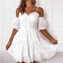 Women's Swimwear 2021 Summer Bohemian Print Beach Dress Embroidered Hollow Lace Wrapped Strap One-Sleeve Pleated Vestido