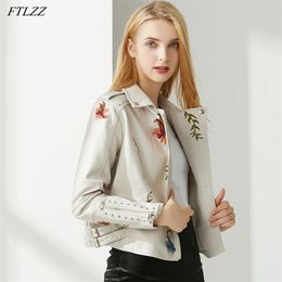 Autumn Women Floral Print Embroidery Pu Faux Leather Jacket Streetwear Punk Style Biker Turn Down Collar Black Coat 210430