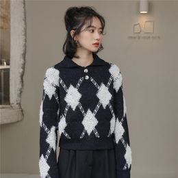 Retro Three-Dimensional Argyle Polo Collar Sweater Women's Fashion Lazy Loose Long-sleeved Knitted 210520