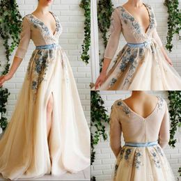 Champagne Evening Dresses /4 Long Sleeves Sexy Deep V Neck D Floral Applique Ribbon Side Slit Tulle Floor Length Custom Made Plus Size Prom Party Gown