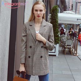 Aelegantmis Classic Houndstooth Women Blazers Casual Notched Double Breasted Long Blazer Jacket Office Lady Coats 210607