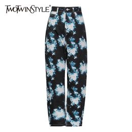 Casual Plaid Denim Pant For Women High Waist Hit Colour Full Length Straight Jeans Females Spring Fashion Style 210521