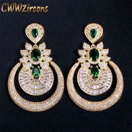 -Cwwzzircons dubai 18k oro amarillo traje de la vendimia joyería verde esmeralda larga grande gota boda pendientes para mujeres CZ457 210813