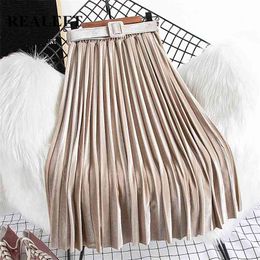 REALEFT Chic Velvet Pleated Skirts Autumn Winter High Waist Women's Long with Belt Korean Style Female 210629