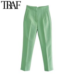 TRAF Women Fashion Side Pockets Seam Detail Office Wear Pants Vintage High Waist Zipper Fly Female Ankle Trousers Mujer 211115