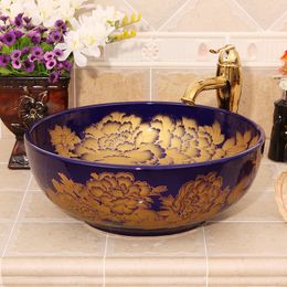 Sapphire blue gold peony Painting Chinese style wash basin fine ceramics bathroom wash basin bathroom sink wash basin ceramic