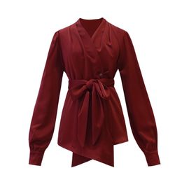 Women Satin White Red Black Shawl Collar Long Sleeve Sash Wrap Solid Top Office Lady Work Shirt B0484 210514