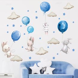 Blue Colour Boy Bunny with Air Balloons Wall Stickers for Kids Room Boy's Bedroom Decoration Wall Decals Watercolour Stars Cloud