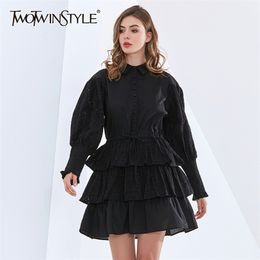 Solid Elegant Dress For Women Lapel Puff Long Sleeve Hollow Out Designer Ruffles Mini Dresses Female Clothing 210520