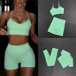 2 Pieces Knitting Seamless Yoga Suit Woman Workout Shirts High Waist Tight Leggings Bra Gym Clothing Short Crop Top Fitness Set 210802