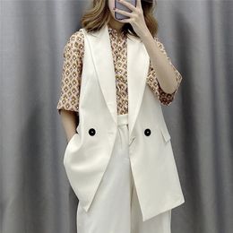 Elegant Office Lady Pocket Women Coat White Sleeveless Vests Jacket Outwear Casual Brand WaistCoat Colete Feminino 210430