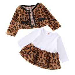 Clothing Sets 2Pcs Infant Autumn Spring Cotton Leopard Print Outfits Baby Girls Long Sleeve Round Neck Patchwork Dresses Fuzzy Cardigan Coat