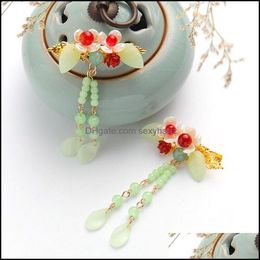 Jewelry Hair Clips & Barrettes 1Pair Archaistic Exquisite Insect Flower Jade Hairclip Set Korean Fairy Dress Aessories Long Tassels Women Dr