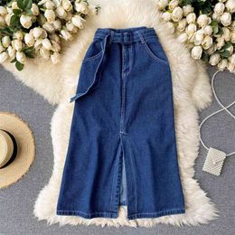 Women's Denim Skirt Spring Fashion Belted High Waist Pockets Front Split Mid-calf Casual Female Jeans 210603