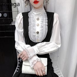 Ezgaga Vintage Long Sleeve Blouse Women Flare Sleeve Ruffled Stand Collar Korean Fashion Contrast All-Match Button Ladies Shirts 210430