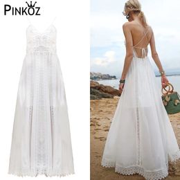 elegant lady maxi white spaghetti strap v-neck sexy nigh dress for women lace backless summer causal beach holiday robe 210421