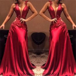 Sexy Red Evening Dresses Straps Lace Applique Plunging V Neck Satin Floor Length Custom Made Plus Size Prom Celebrity Party Gown Vestido 401 401