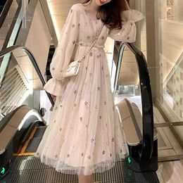 Vintage Long Sleeve Sequins Dres Spring Elegant Design Square Collar Midi Y2k Fairy Korean 210604