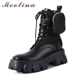 Meotina Motorcycle Boots Women Shoes Real Leather Platform Thick High Heel Ankle Boots Buckle Lace Up Punk Short Boots Black 40 210608
