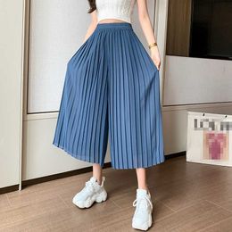 Summer Wide Leg Flared Palazzo 7 Points Cropped Loose Chiffon Pleated Pants for Women S M L XL (with Lining) Q0801