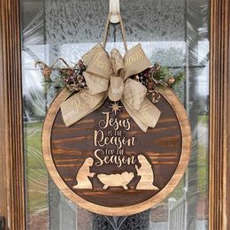 1pcs Christmas Sign Jesus is the Reason for the Season Handmade Wooden Wreath Front Door Festival Decoration 211104