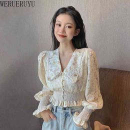 WERUERUYU Embroidery Lace Shirt Spring Women Long Sleeve Linen Cotton Blouse Casual Apricot Tops 210608