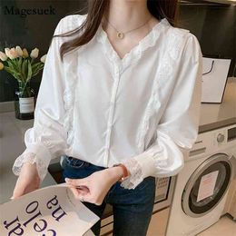 Long Sleeve Chiffon Shirt Blouses Women Casual Spring V-neck White Blouse Femme Button Office Laday Lace Shirts Tops 13113 210512